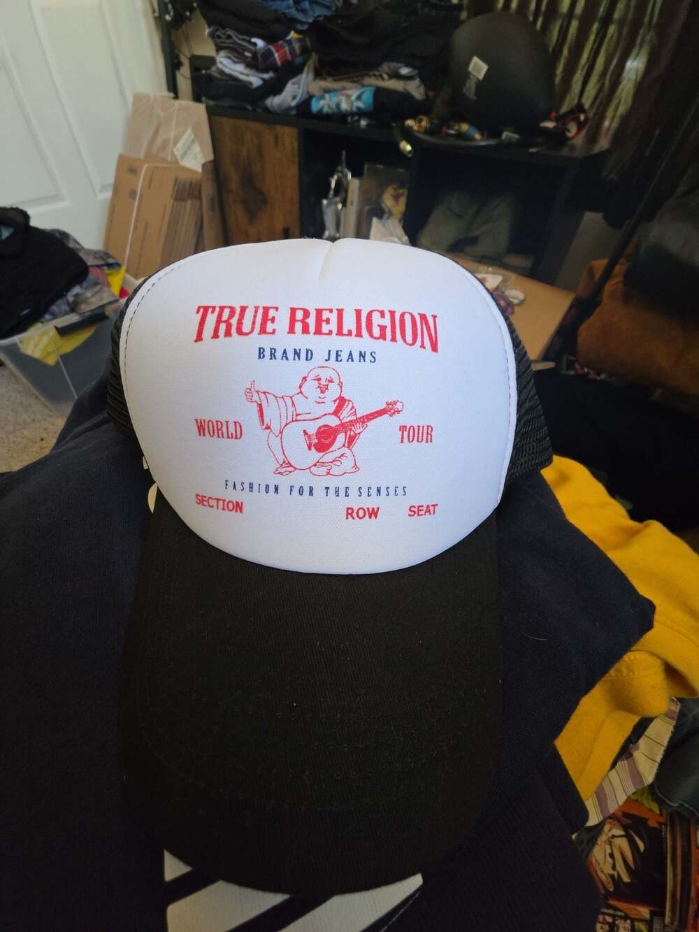 True Religion Youth Buddha World Tour Trucker Hat Black and White